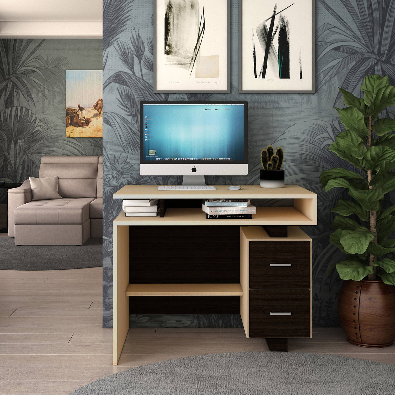 

Маленький письменный стол 90см с выдвижными ящиками Пиксель Летро дуб молочный/венге темный (15 вариантов цвет