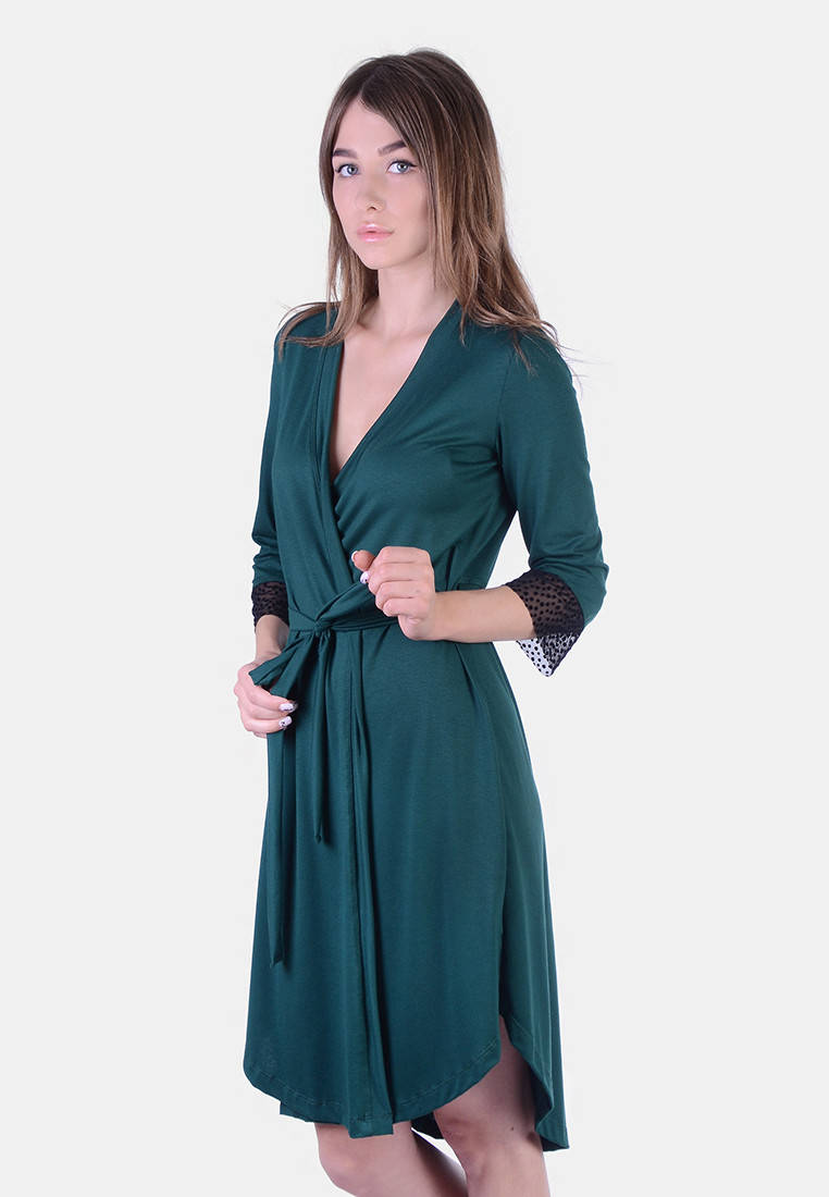 

Халат женский домашний, с вискозы, с кружевом, Изумрудный