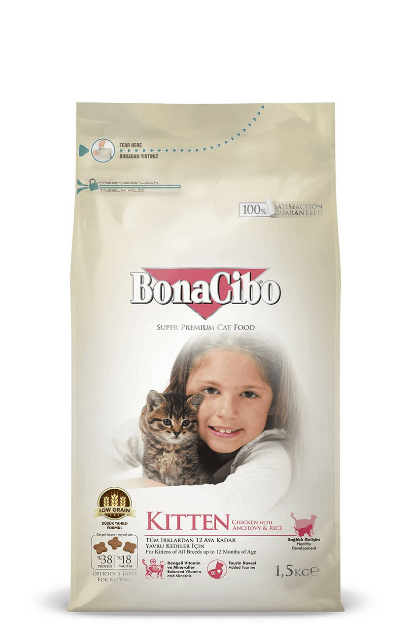 

BonaCibo Kitten для котят и кормящих кошек беременных на курице, анчоусы и рис - 1,5 кг