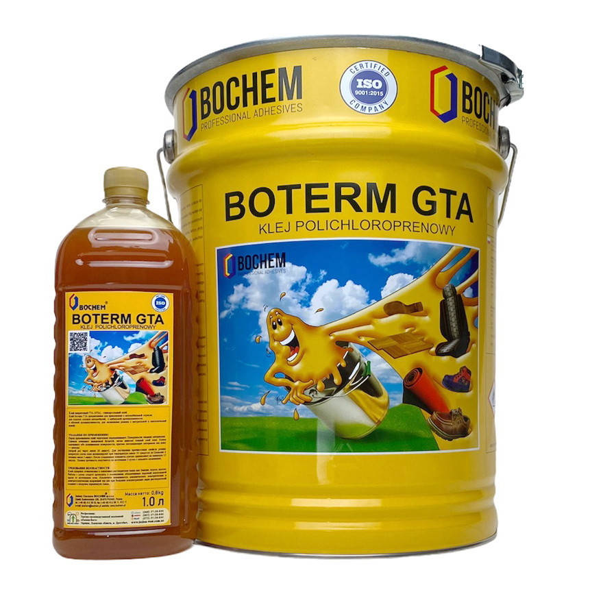 

Клей BOTERM GTA 1л, полихлоропреновый каучуковый для кожзама, ткани, карпета, Польша