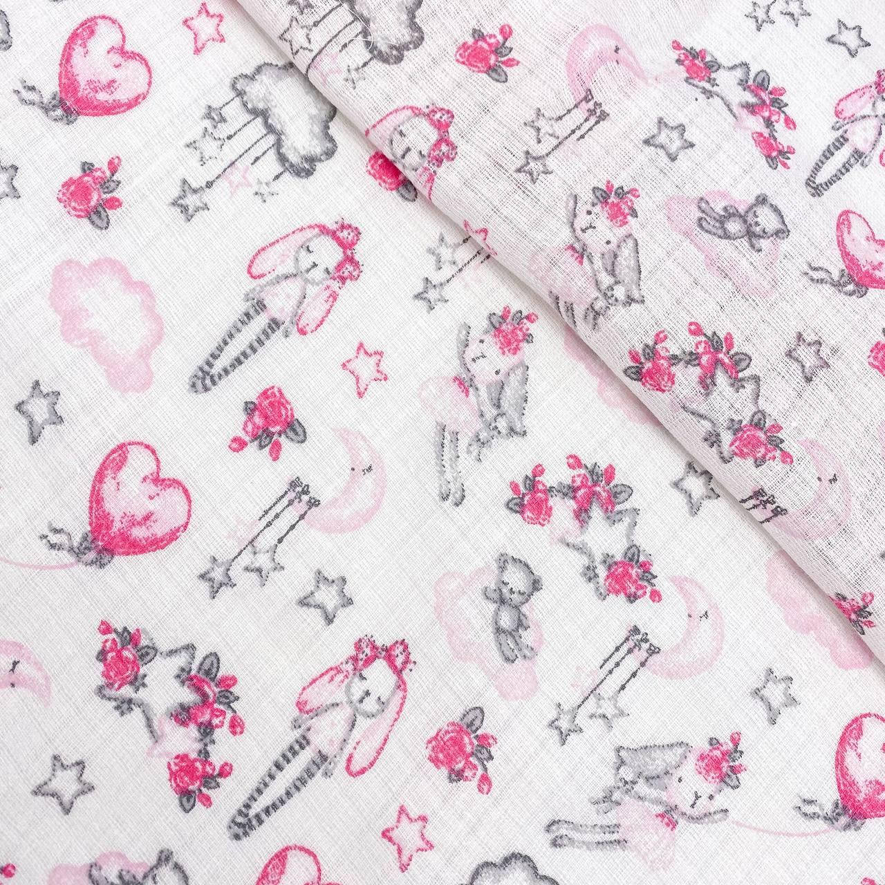 

Ткань хлопковая, муслин однослойный "Зайчики серо-розовые воздушные", Разные цвета