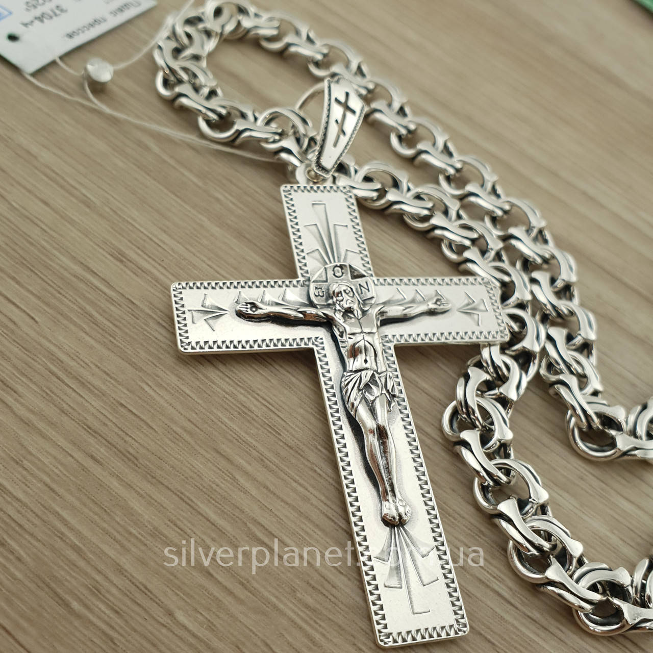 

Комплект! Мужская массивная серебряная цепочка и крестик. Бисмарк и крест. Серебро 925. Цепь 65 см