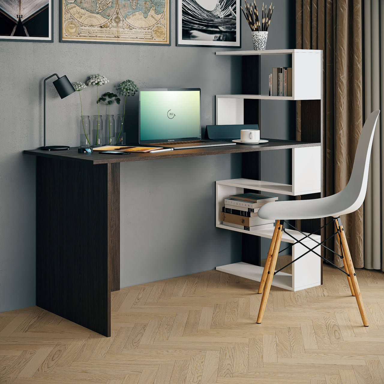 

Стол письменный с полками справа, для ноутбука и компьютера FHS15 Венге Темный/Белый