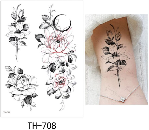 

Флеш тату. 21*15 см. Временная. Переводная, Цветы и Бабочки, Минимализм, Набор, Пионы, TH-708 (S), Ч/Б