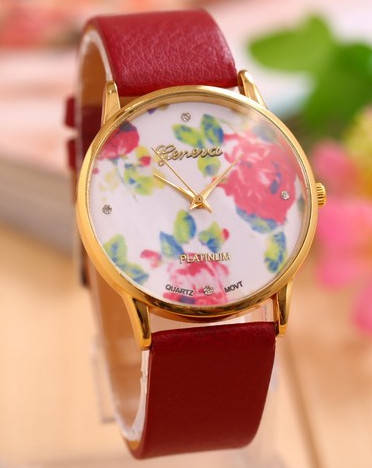 

Часы наручные женские Женева Цветы красный ремешок