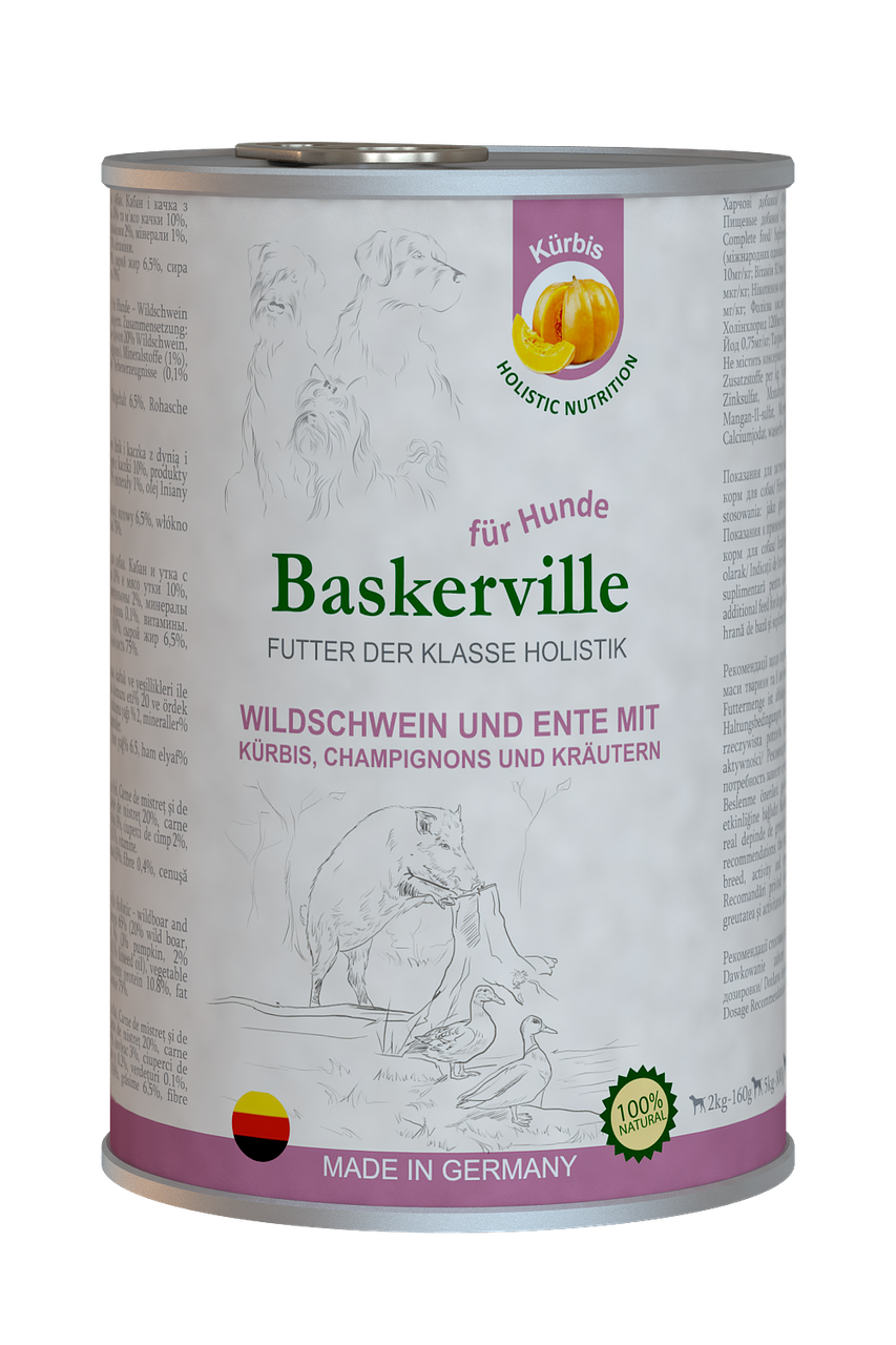 

Baskerville Holistic консервированный корм для собак утка и кабан с тыквой и зеленью, 800гр