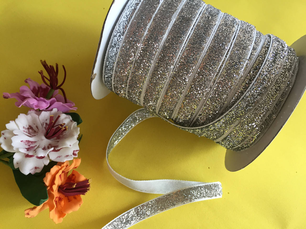 

Лента бархатная 1см с люрексом серебро, Серебристый