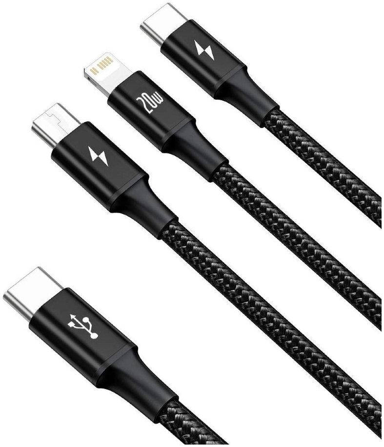 

Кабель Baseus Rapid Series 3-in-1 Fast Charging Data Cable Type-C to C+L+M PD 20W 1.5m Black, Черный