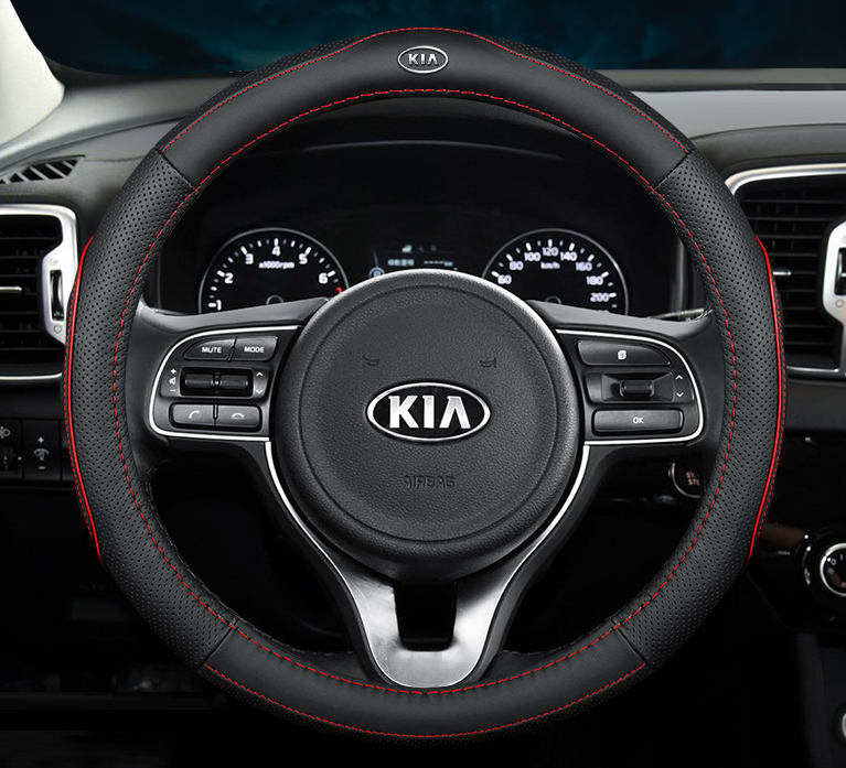 

Чехол оплетка Cool на руль для автомобиля KIA натуральная кожа черный c красной прошивкой