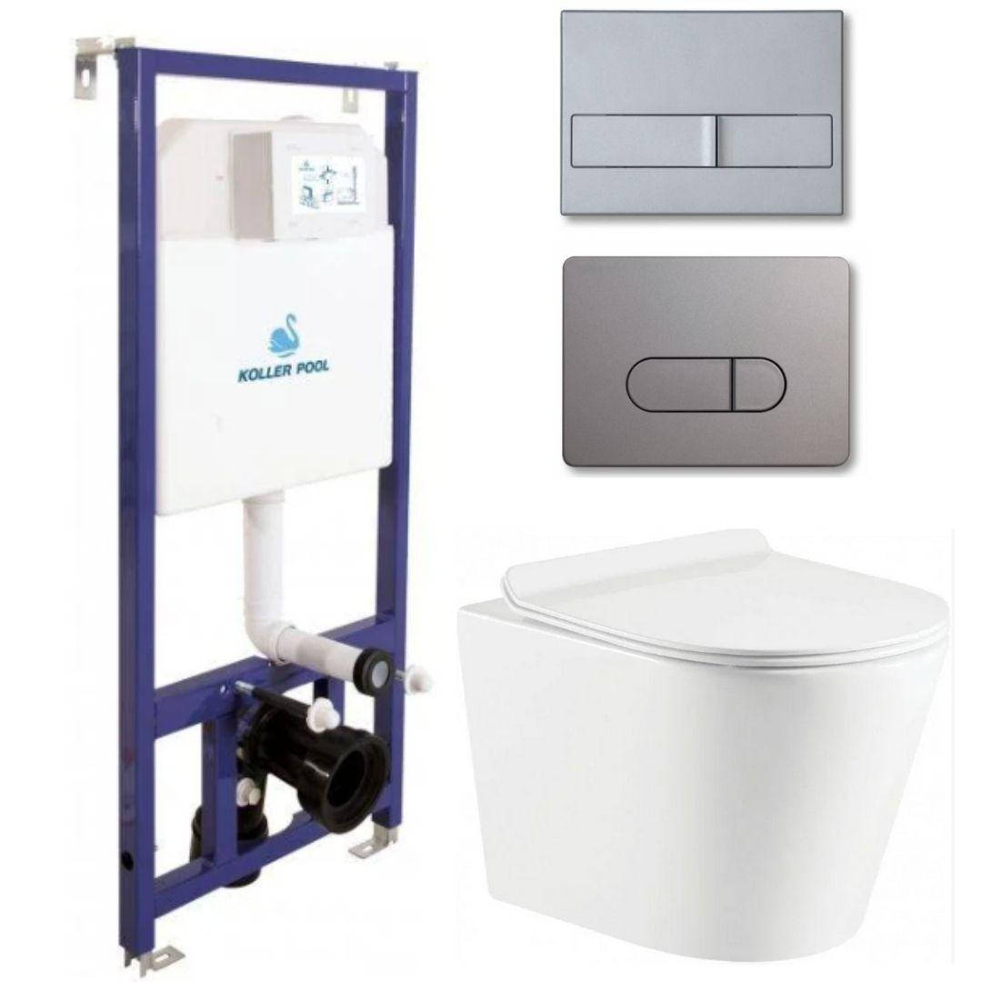 

Комплект 5в1: Инсталляция Koller pool +Безободковый Подвесной унитаз KP Orion + Клавиша CHROME MATT