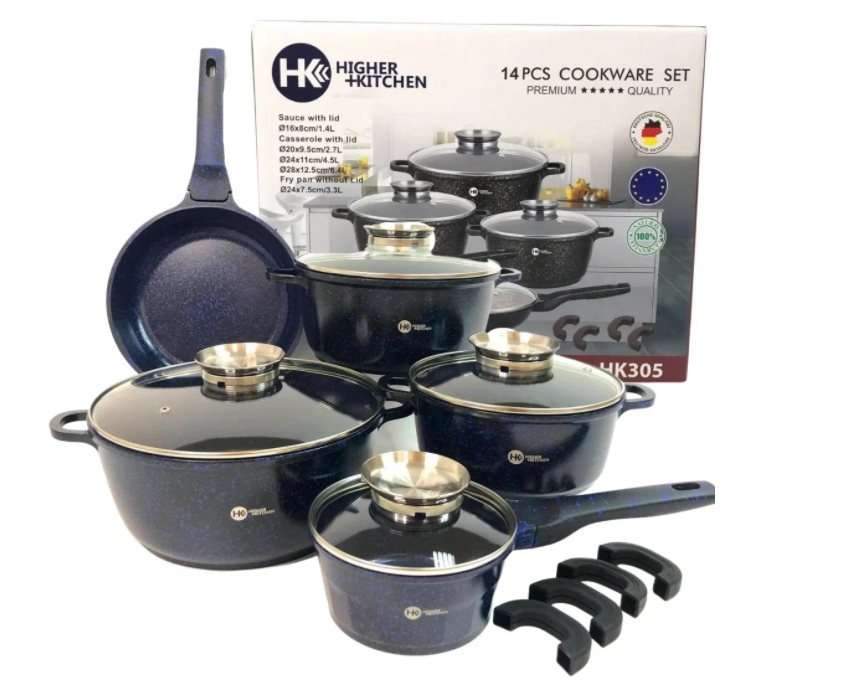 

Набор посуды высшего качества с гранитным антипригарным покрытием Higher Kitchen HK-305 из 14 предметов Синий