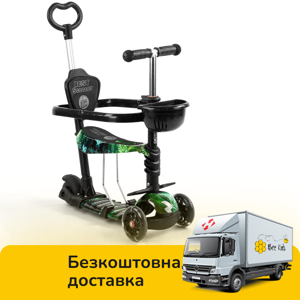 

Детский трехколесный самокат 5 в 1 с сиденьем и родительской ручкой Best Scooter S 9358 Черный