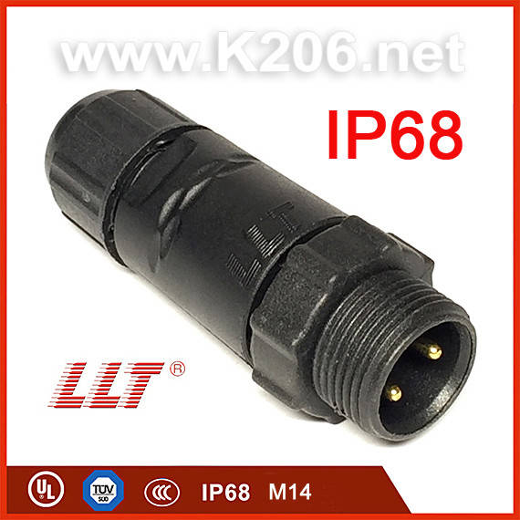 

LLT-M14-1502MGZ Разъем герметичный 2pin, "папа"; монтаж на кабель, 15A/500V; IP68; Размер M14