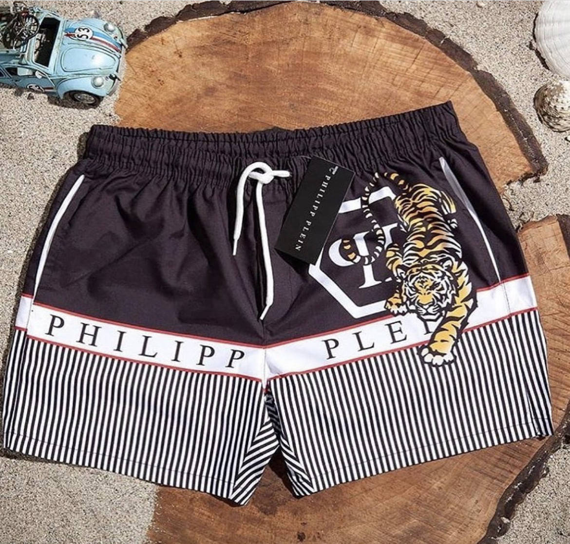 

Шорты мужские пляжные плавательные брендовые Philipp Plein черные c тигром