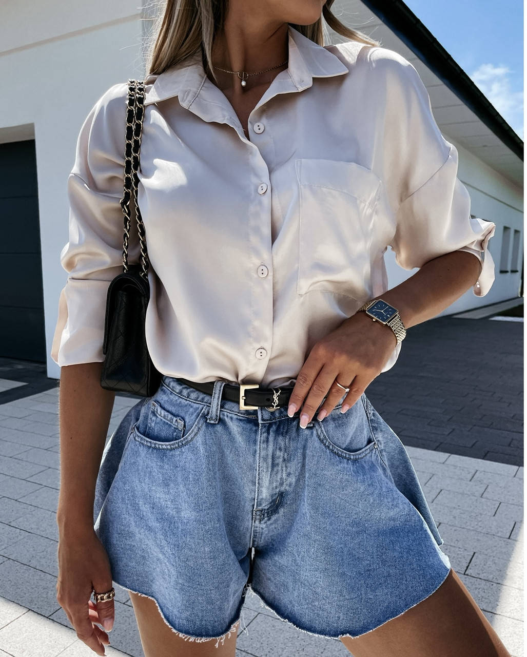 

Женская классическая рубашка шёлковая с длинным рукавом однотонная, стильная блузка женская армани шёлк, Бежевый