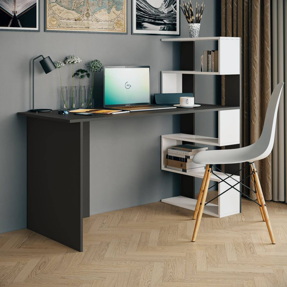 

Стол компьютерный с полочками справа Ш1416*В1226*Г600 антрацит/полки белые