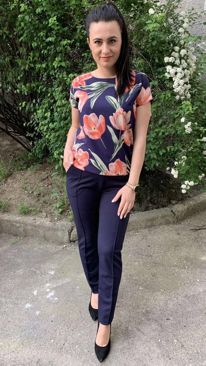 

Костюм летний женский тёмно-синие брюки и блуза размеры от 44 по 64, Темно-синий