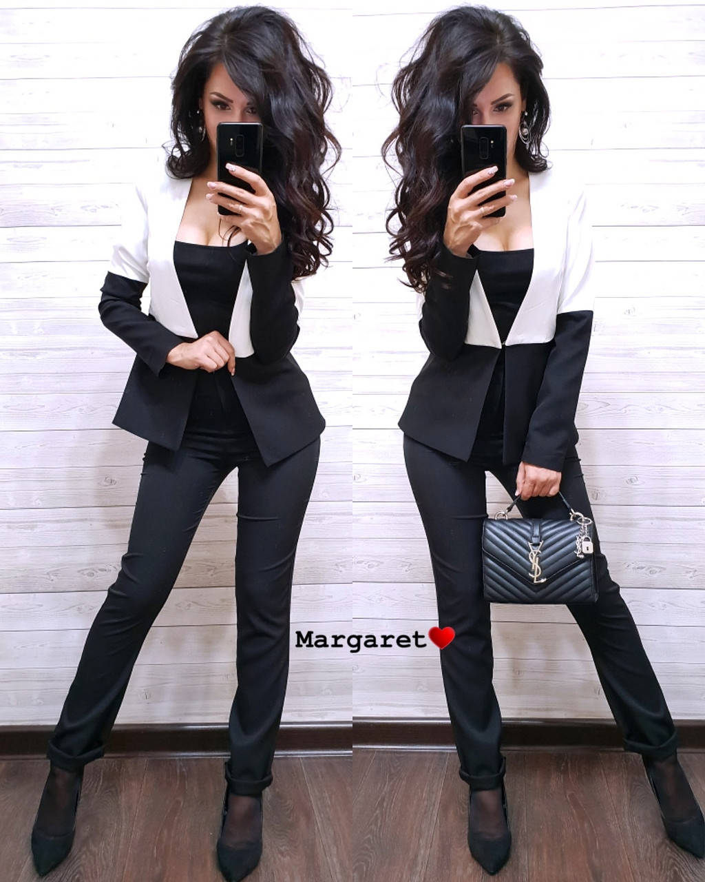 

Костюм женский тройка "День и ночь" (жакет, брюки и майка, черный с пудрой, с синим, с красным, с белым, С и М, Разные цвета