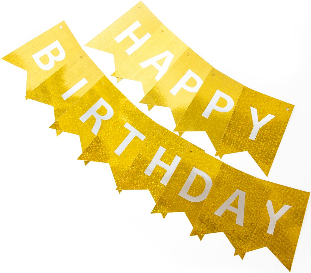 

Гирлянда бумажная Happy birthday голограма мелкая 3 м, золото, Разные цвета