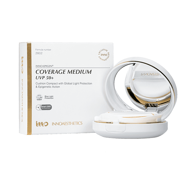 

Компактная тональная основа с SPF50+ в форме кушона INNOAESTHETICS Epigen Coverage Light/Medium UVP 50+