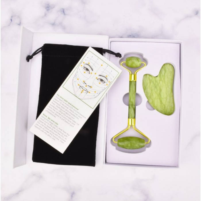 

Набор для массажа ГуаШа: нефритовый ролик и нефритовый скребок Галочка