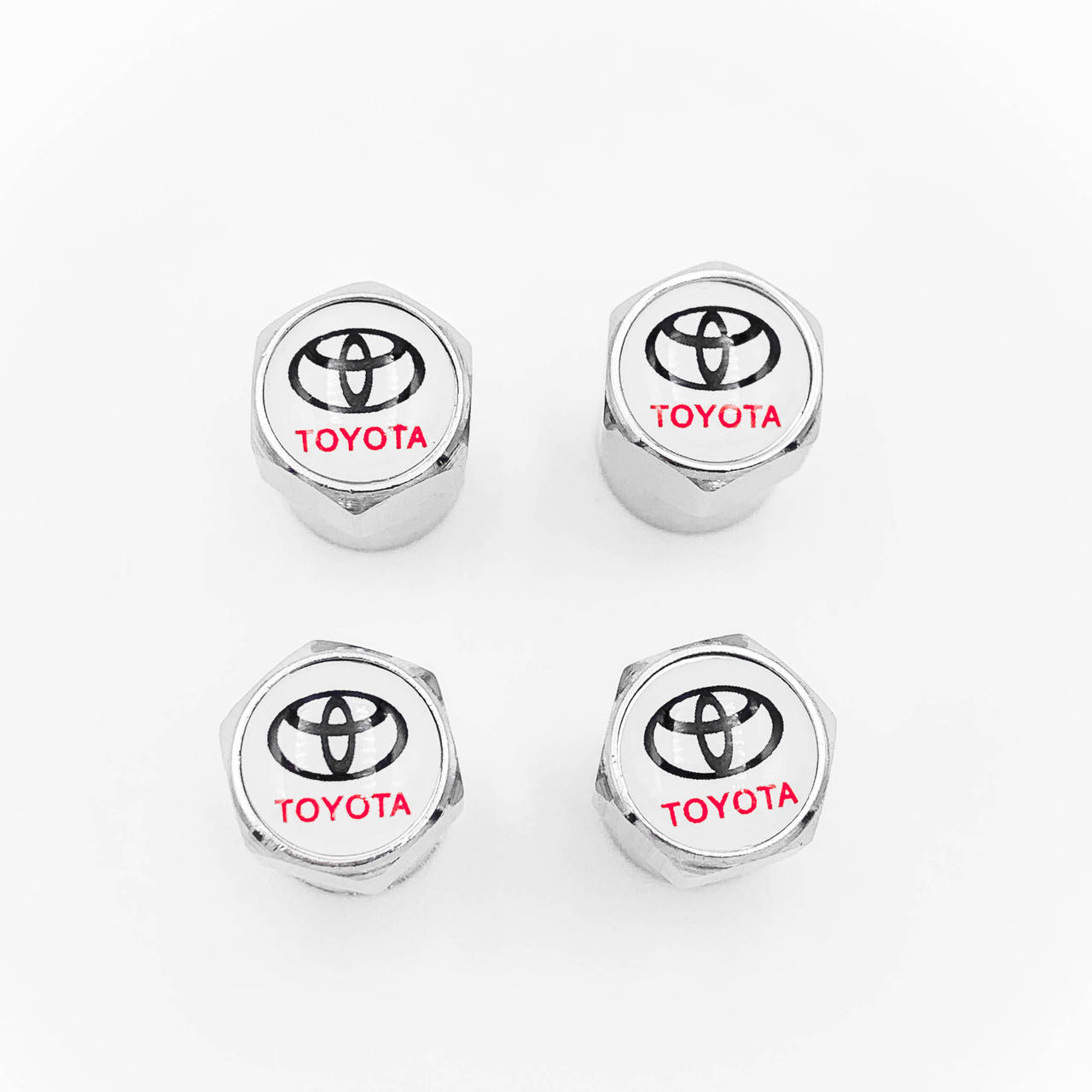 

Защитные колпачки на ниппеля Toyota 4 шт Белый фон с красной надписью Хром