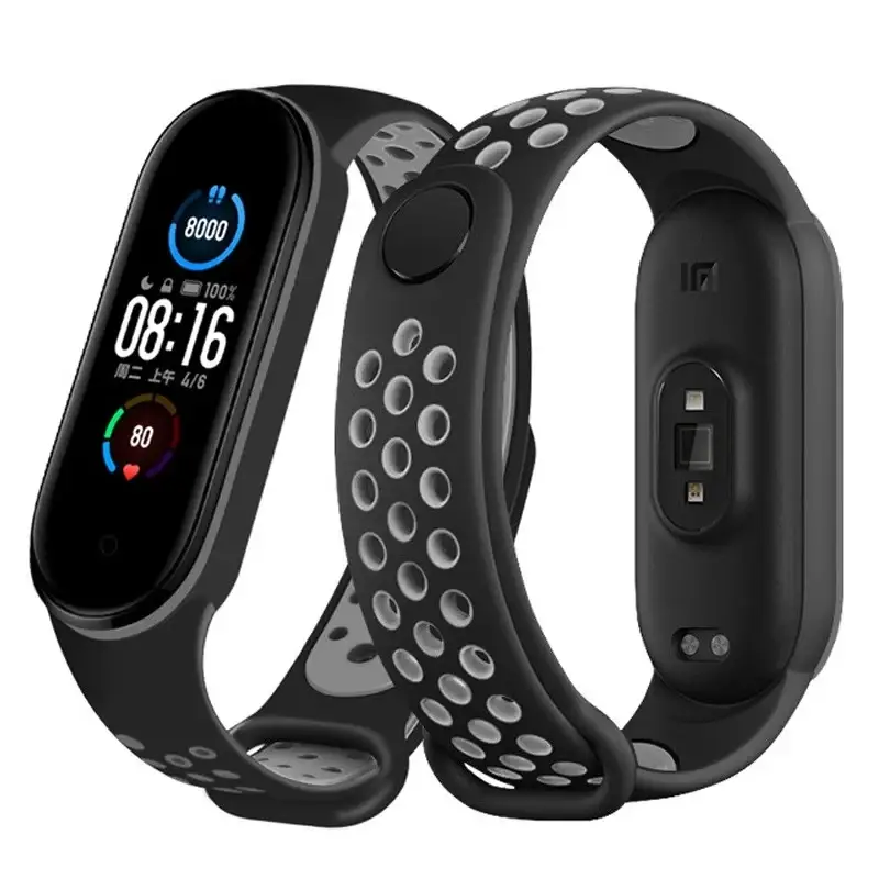 

M5 M6 Сменный Ремешок для Фитнес Трекера Mi Band 5 6 (чёрный с серым)