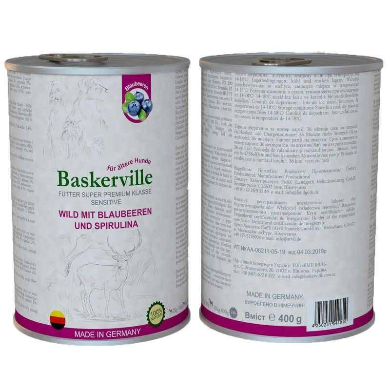 

Baskerville Sensitive Wild Mit Blaubeeren und Spirulina 400 г - Консервы для собак с олениной, черникой и