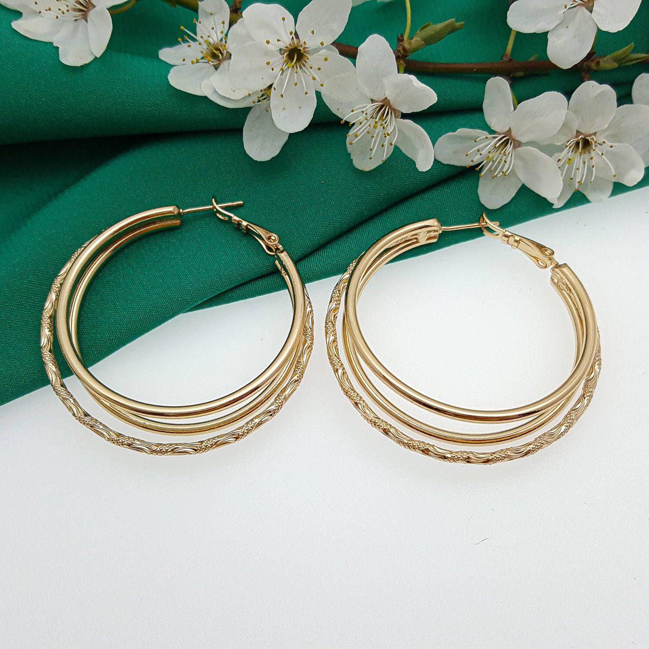 

Серьги "Кольца" 3в1, с резными насечками, медзолото Xuping, 18К