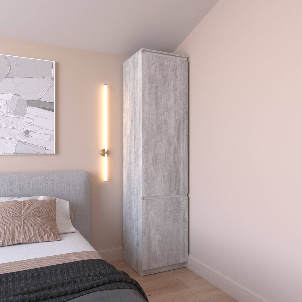 

Пенал с полками для вещей, с фасадами без ручек R-22 Бетон-Білі планки