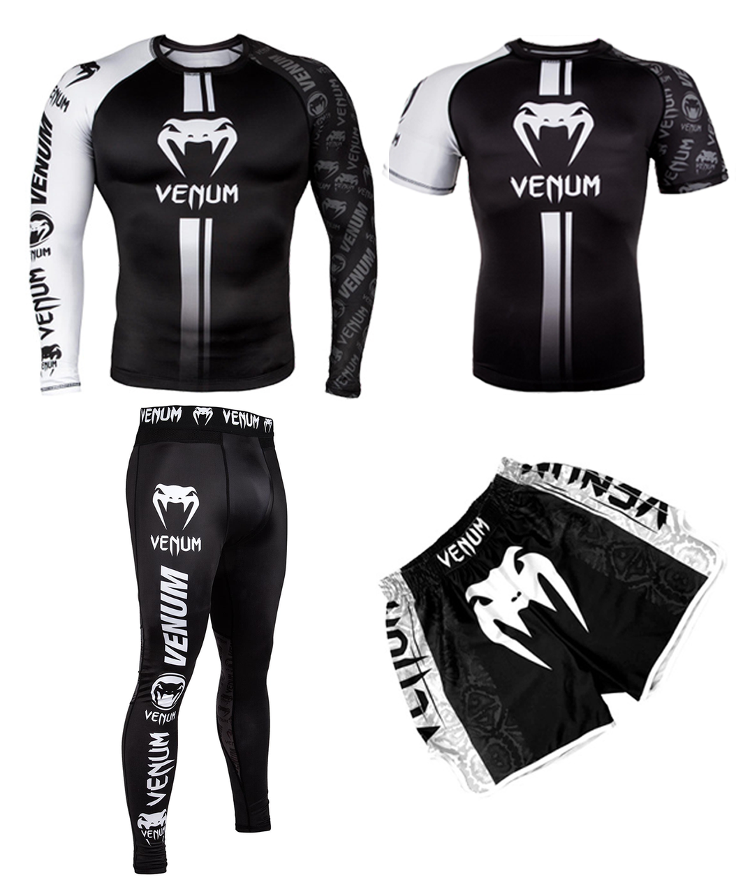 

Комплект 3 в 1 Venum Logos рашгард, леггинсы, шорты, футболка., Белый