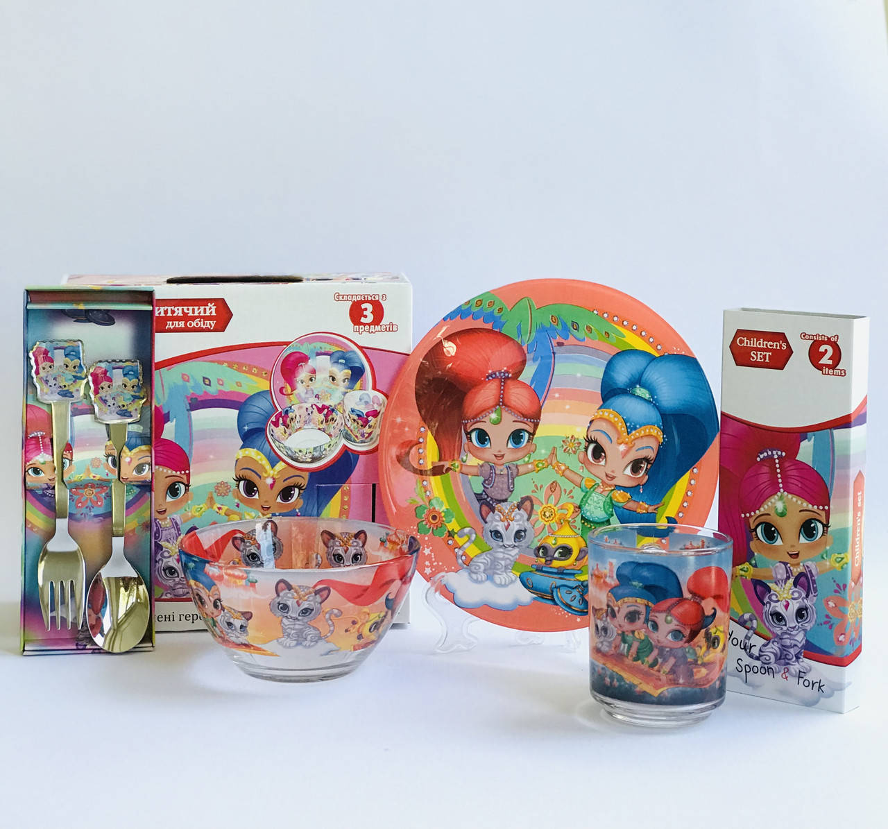 

Подарочный набор детской стеклянной посуды с любимым героев мультфильм 5 предметов Шиммер и Шайн, Розовый