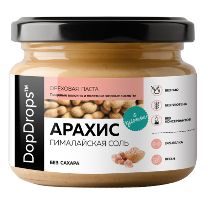 

Паста ореховая хрустящая DopDrops™ Арахис Кранч Гималайская Соль (250 грамм)