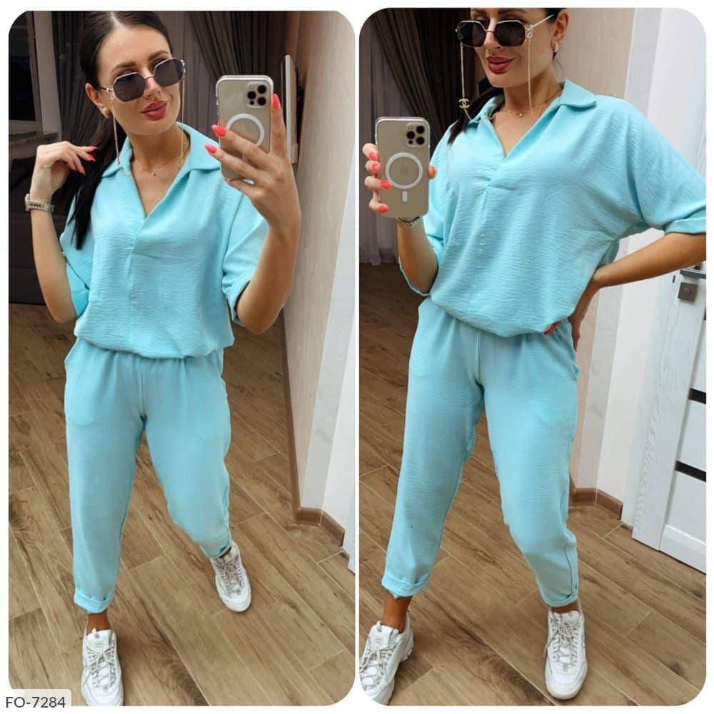 

Лёгкий женский костюм свободного кроя (Брюки на резинке и удлинённая Рубашка)