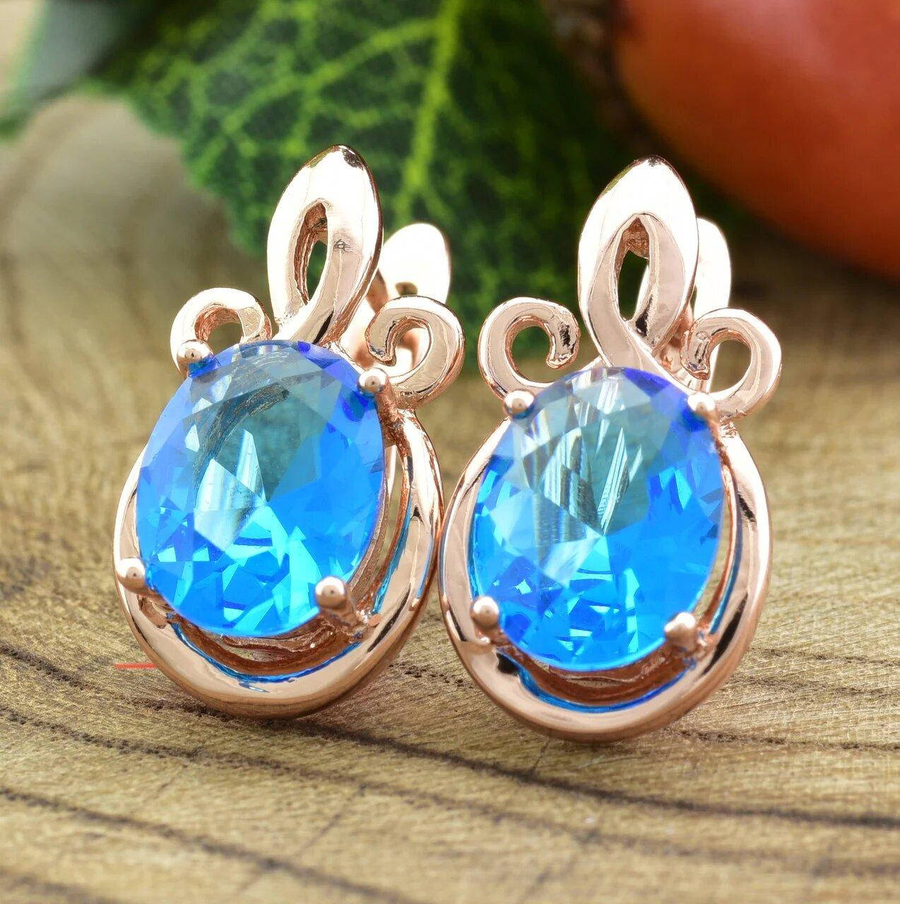 

Позолоченные сережки 17*9 мм, "голубые фианиты" Сережки Xuping медицинское золото позолота