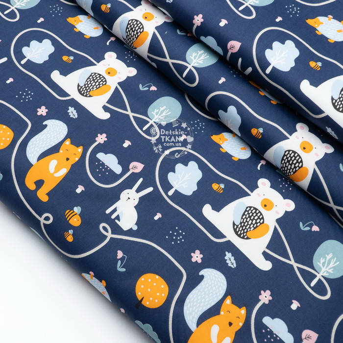 

Сатин "Лисички, мишки, ёжики" на синем, №4096с, Разные цвета