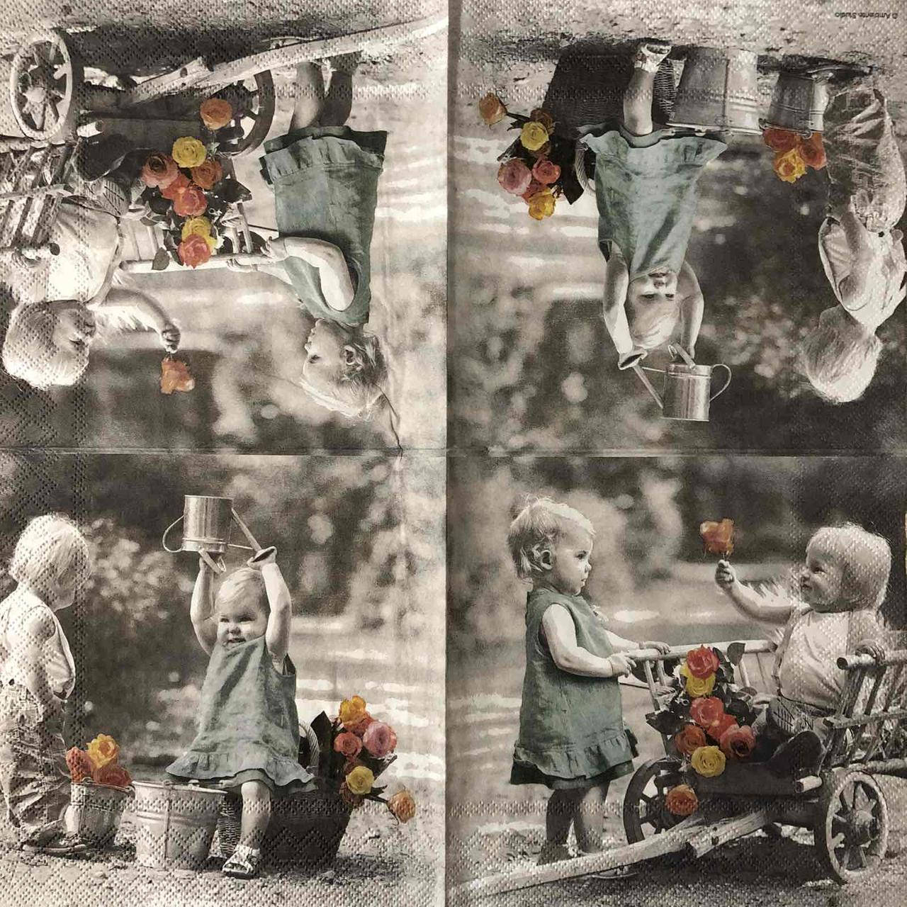 

Салфетка декупажная 33x33 см 30 "Винтаж ретро Дети маленькие Ребенок Цветы Старое фото " Серветка для декупажу