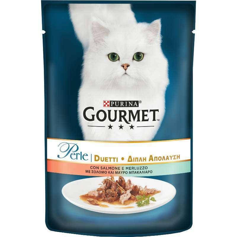 

Gourmet Perle Duo 85 г - Влажный корм с лососем и сайдой для кошек (кусочки в подливе)