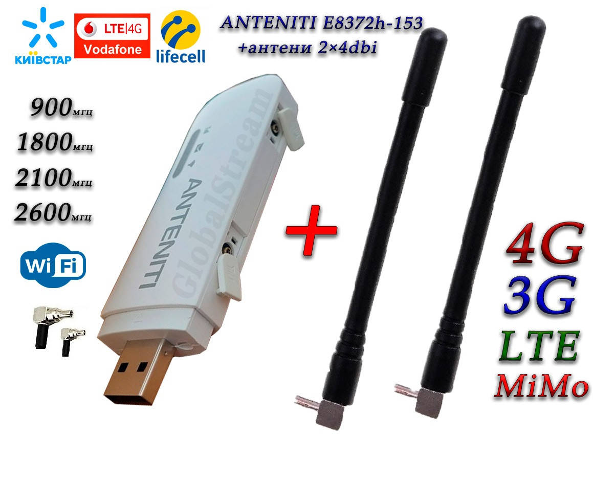 

Мобильный модем 4G+LTE+3G WiFi Роутер ANTENITI E8372h-153 USB Киевстар, Vodafone, Lifecell с 2 вых. под ант.