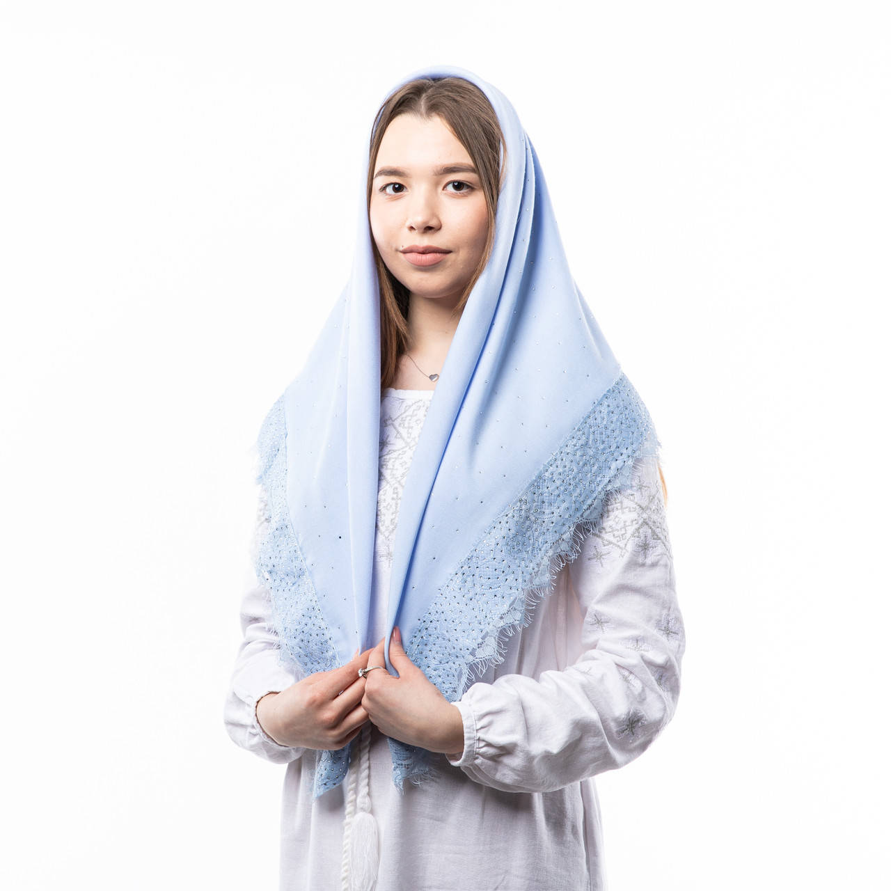 

Кашемірова хустка з камінцями 90х90см Блакитна