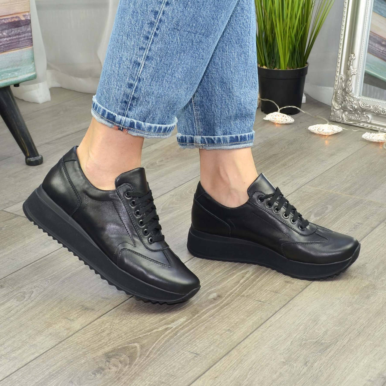 

Кроссовки женские на утолщенной подошве, натуральная черная кожа, Черный