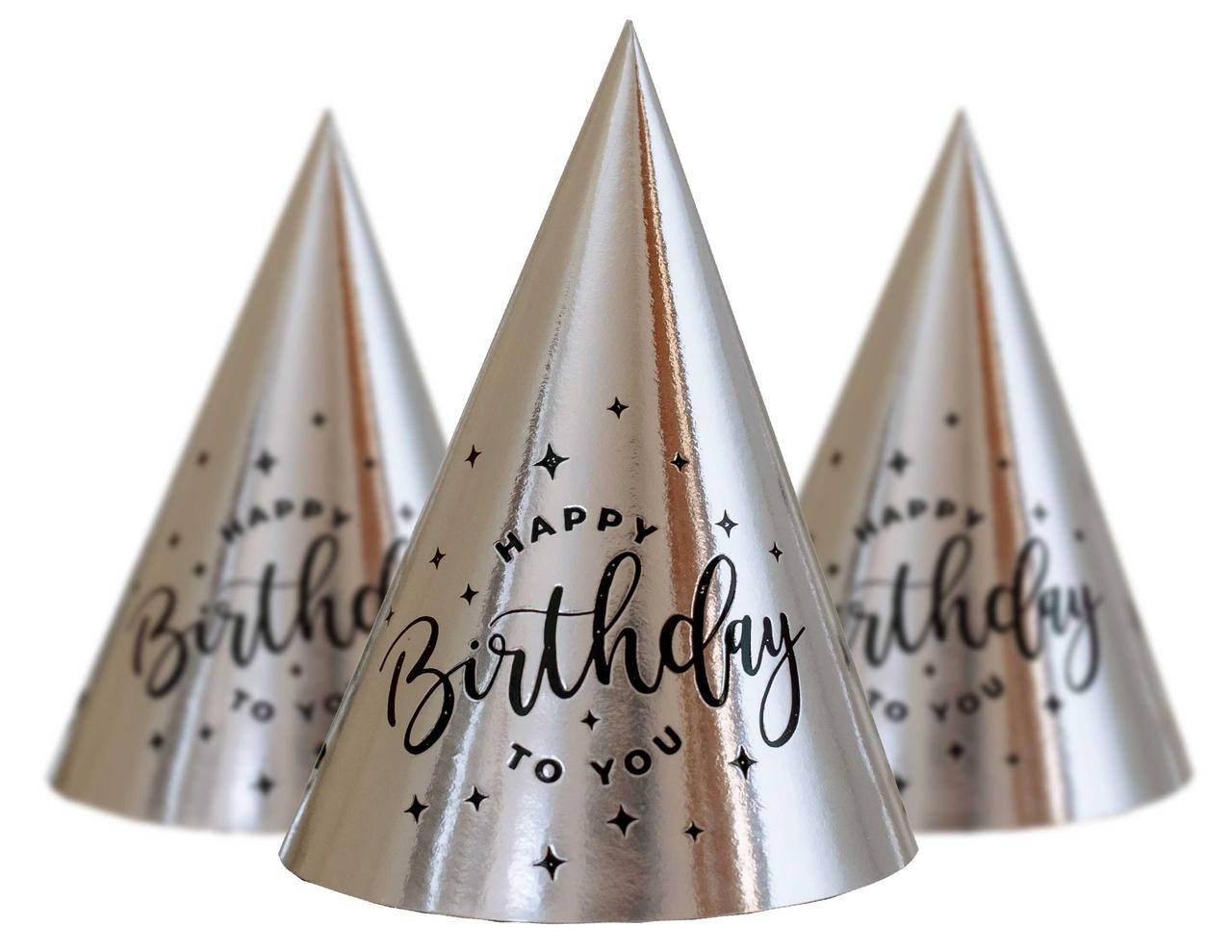 

Колпак праздничный Хром "HappyBirthday" 15 см, тиснение черной фольгой по серебру