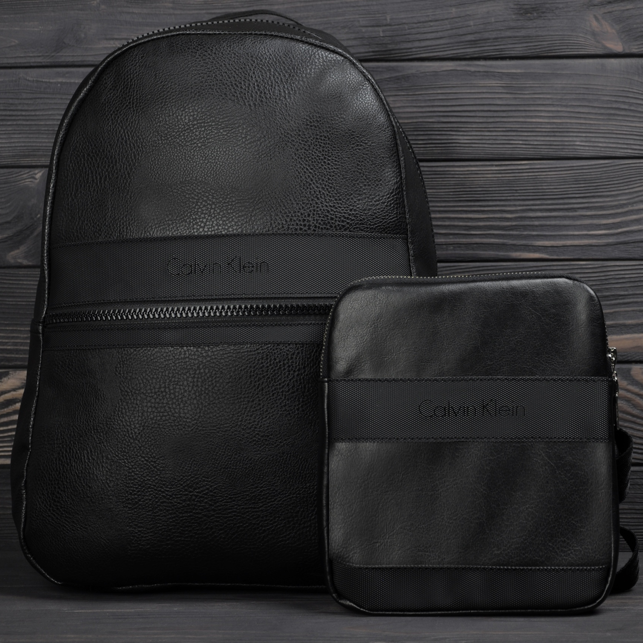 

Комплект рюкзак и барсетка Calvin Klein, кожаный ранец, портфель, сумка через плече барсетка, Черный