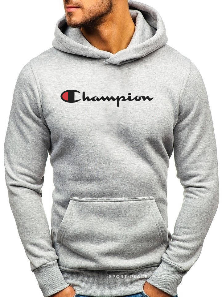

Мужская толстовка Champion (Чемпион) светло серая (большая эмблема) кенгуру худи M, 48, Серый