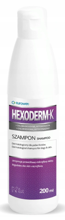 

Eurowet Hexoderm-K - шампунь с хлоргексидином и кетоконазолом для собак и кошек 200 мл