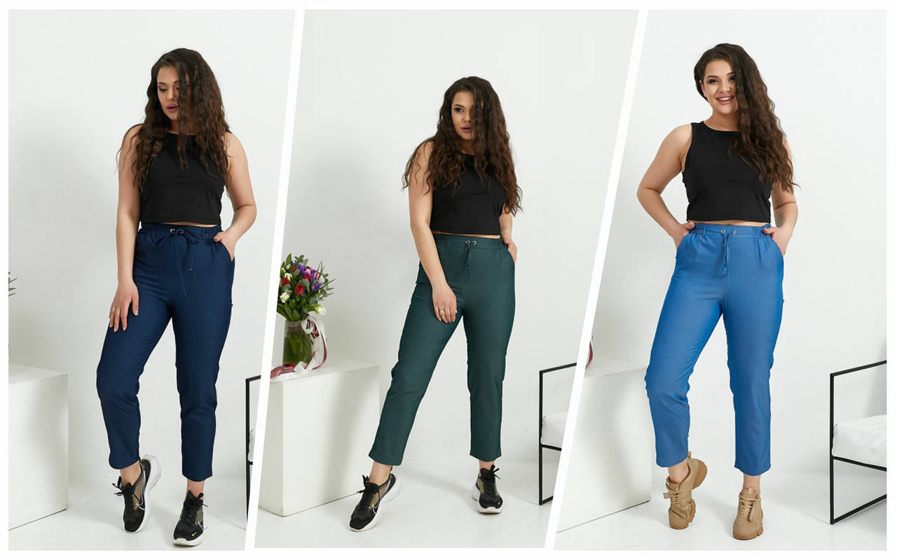 

Удобные брюки на высокой посадке из тонкого джинса лето большие размеры темный-джинс, 56/58