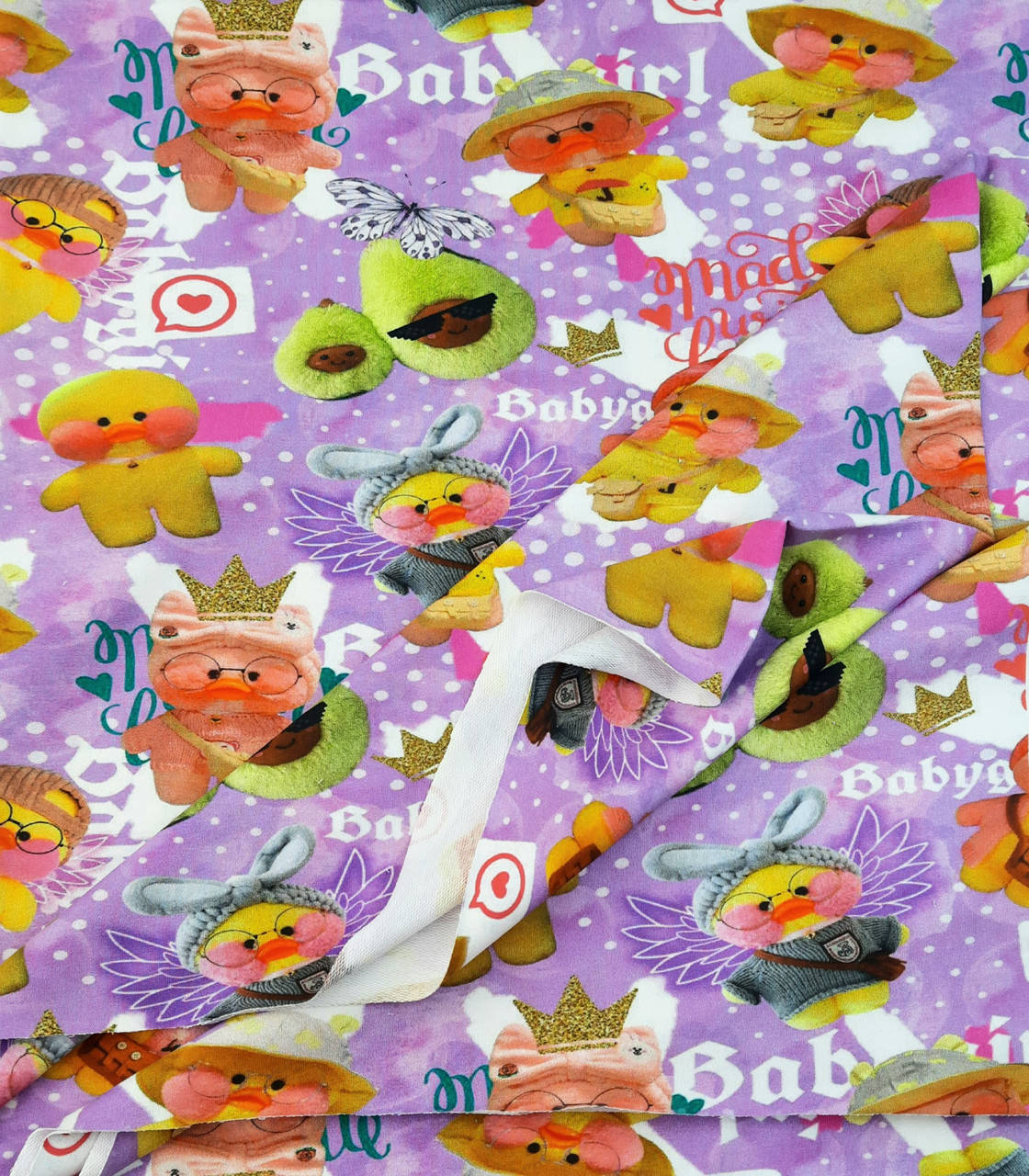 

Футер двунитка "Уточки Лала Фанфан на лаванде" - 180см. (дилжитал)