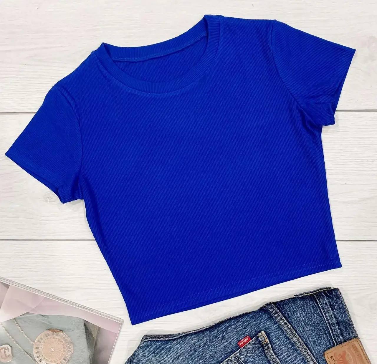 

ВЫБОР ЦВЕТА футболка женская рубчик укороченая синий