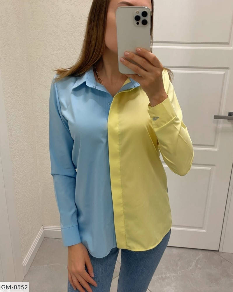 

Двухцветная женская блузка-рубашка желто-голубая украинская патриотическая модная с длинным рукавом арт 312