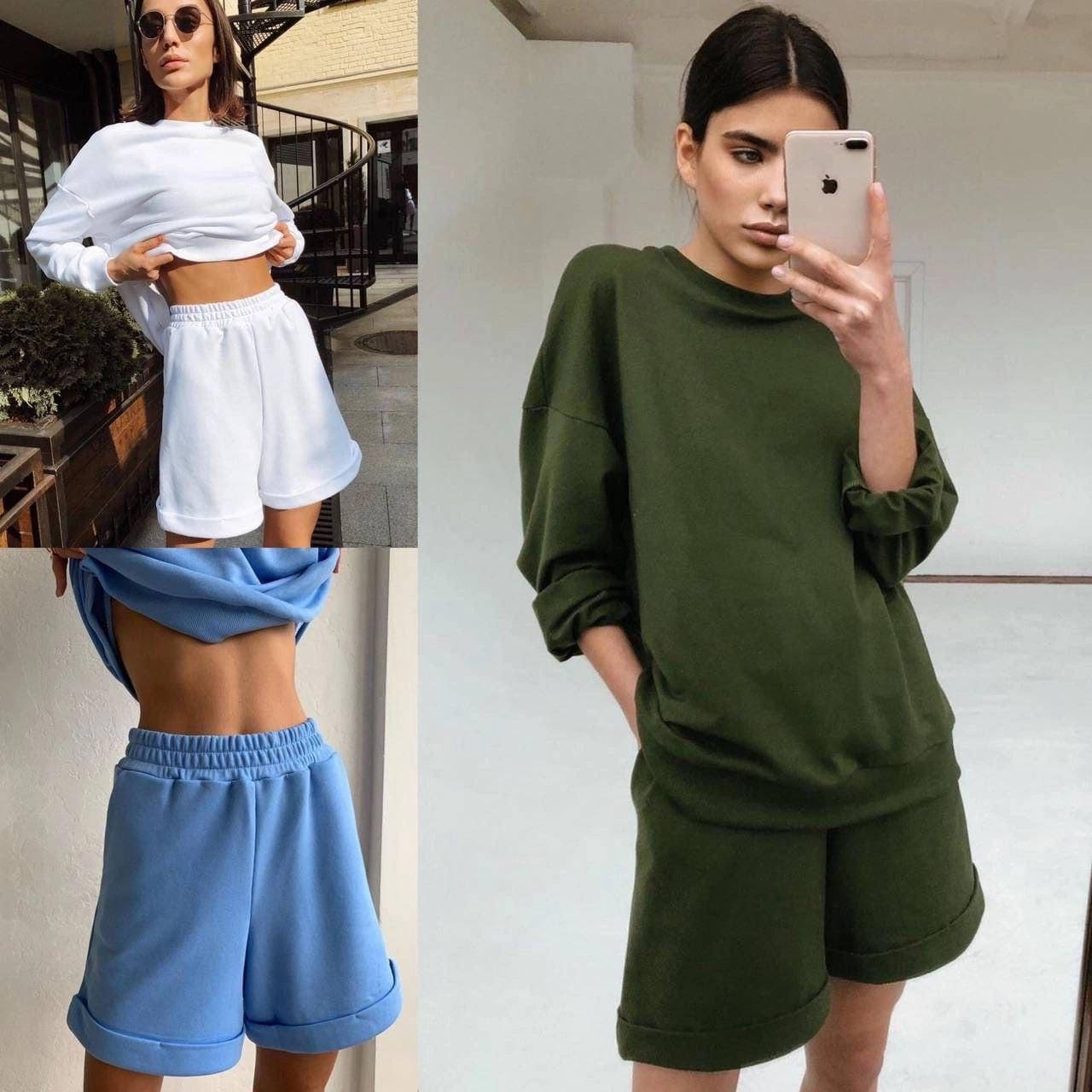 

Прогулочный женский спортивный костюм: худи и шорты с высокой посадкой (много цветов) лаванда, белый, черный, хаки, голубой, пудра, оранж, оливка, малина, 42-44